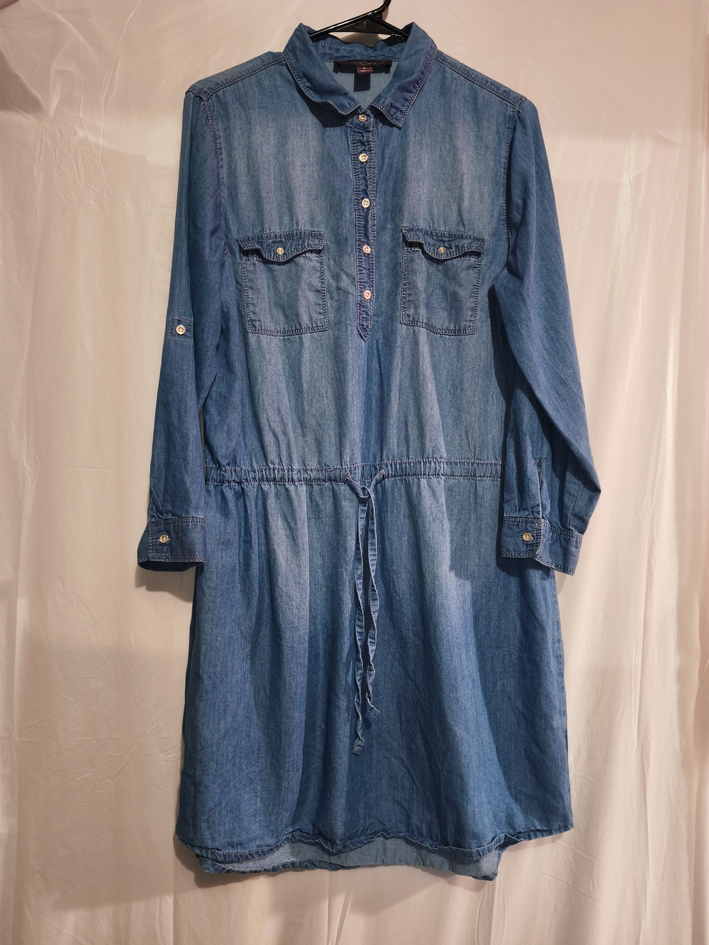 Casual Blue Denim Shirt Dress with Drawstring Waist